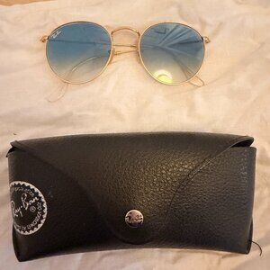 100% Authentic Ray-Ban Sunglasses- Blue Lenses with Gold Round Frames